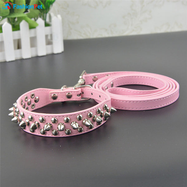 Hot Sale PU Leather Pet Dog Collars Round Spikes Studded Dog Puppy Collar and Leash Set for Pitbull Boxer Mastiff