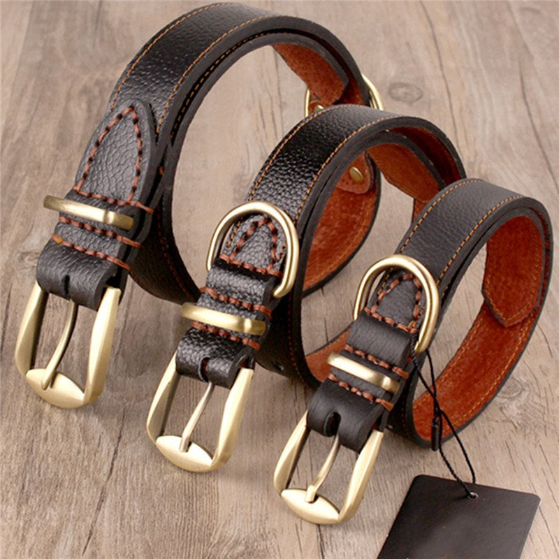 Brown Authentic CowHide Dog Collar Real Hard Genuine Leather Collar Neck Buckle For Small Medium Large Dogs Boxer Bulldog SLXL